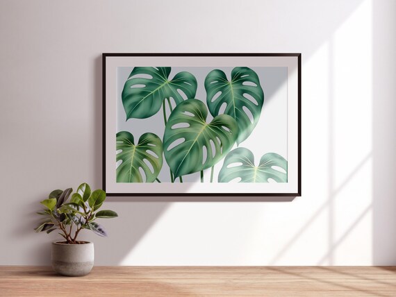 Watercolor Monstera Leaf Print Tropical Green Wall Art