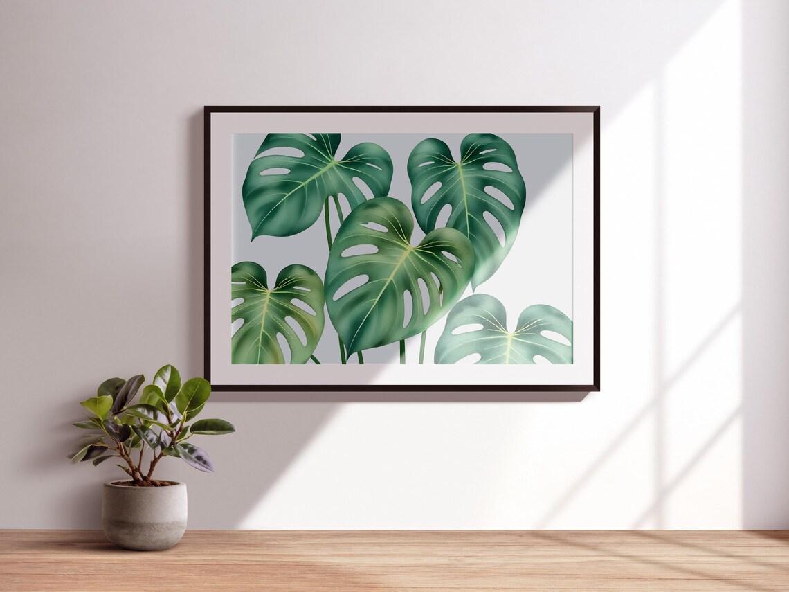 Watercolor Monstera Leaf Print Tropical Green Wall Art