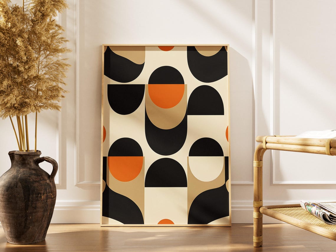 Black Orange Semicircle Midcentury Geometric Retro Wall Decor Print