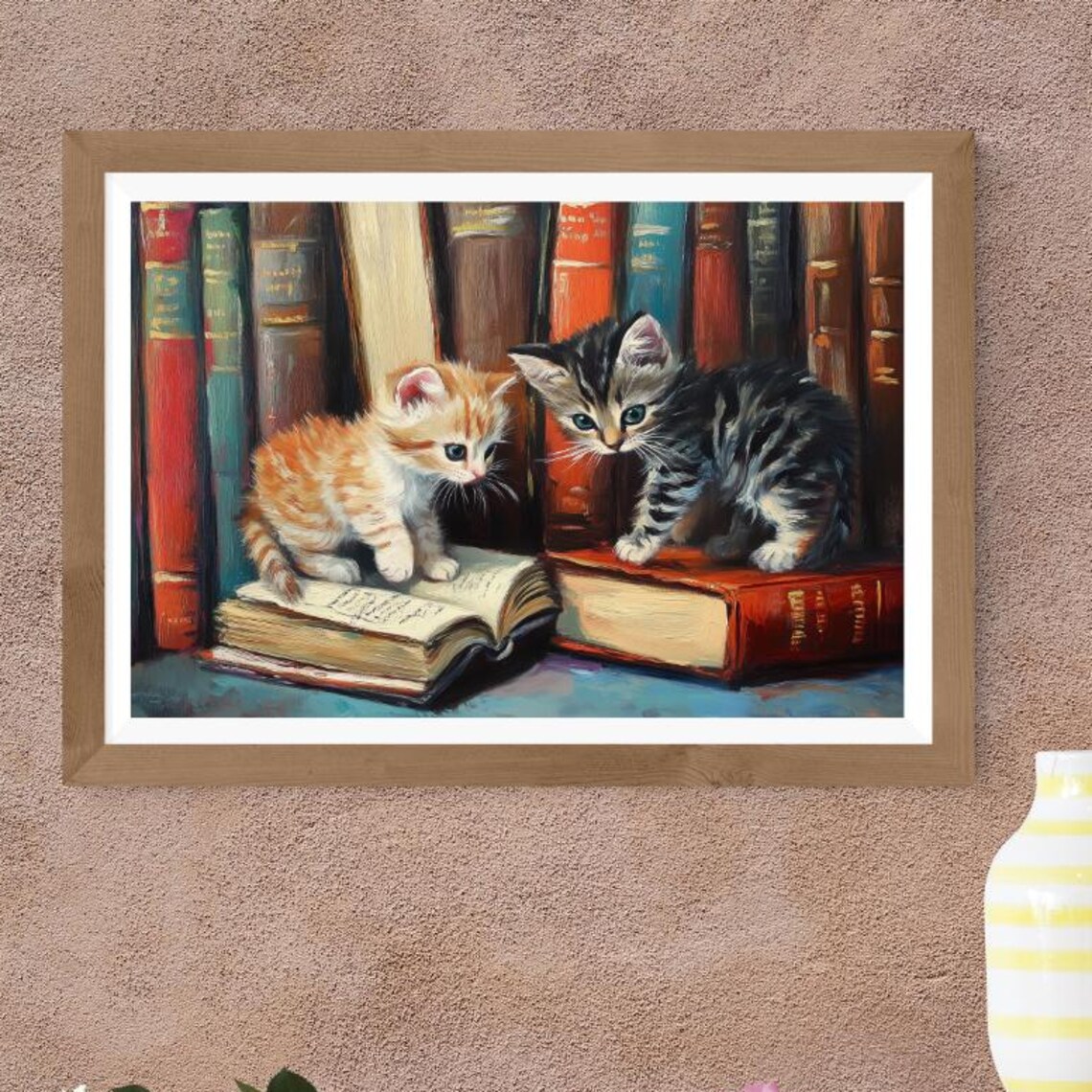 Curious Kittens In A Library, Vintage Style