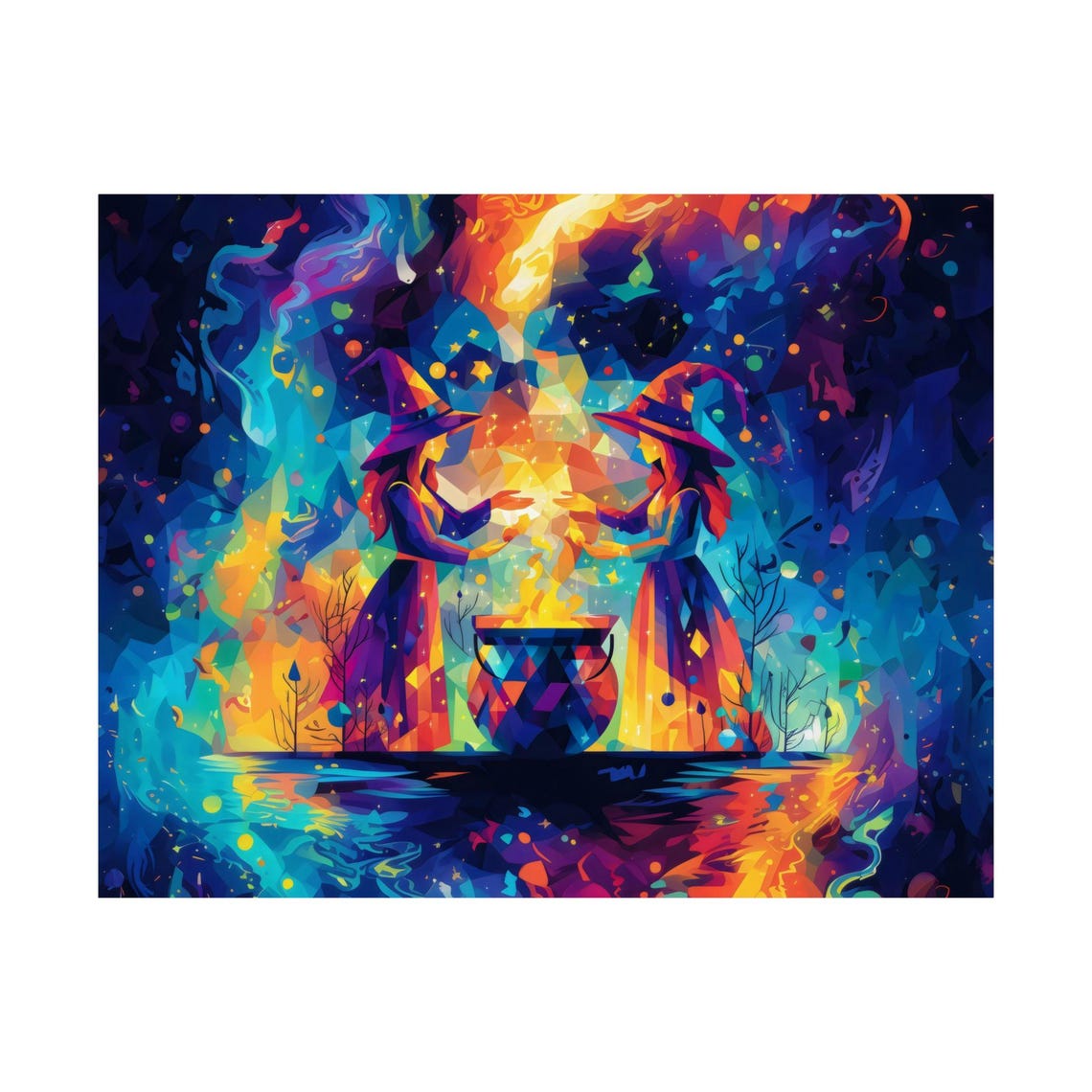 Two Geometric Witches Casting Spell Over Glowing Cauldron Poster - Image 3