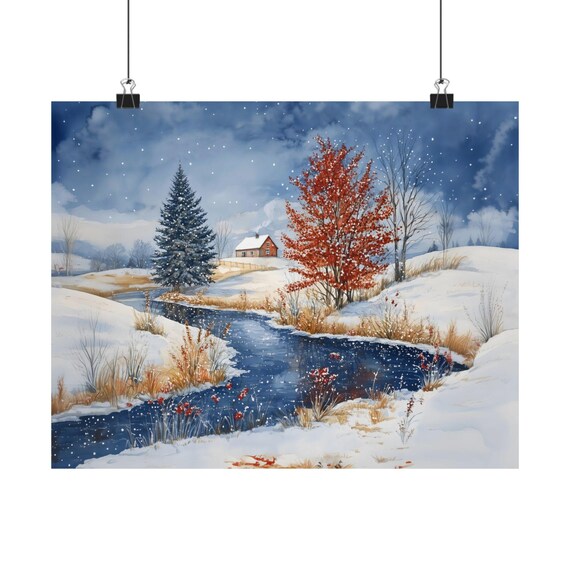 Red Autumn Tree By Snowy Stream Near Wooden Cabin Under Starry Sky Poster