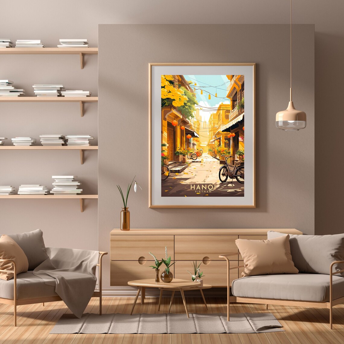 Hanoi Vietnam Lantern Alley Bicycles Retro Travel Art Poster