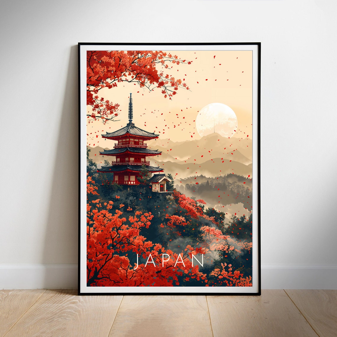 Japan Red Pagoda Temple Autumn Maple Mountain Moonlight Poster - Image 2
