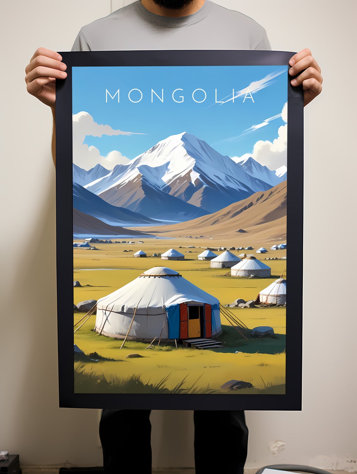 Mongolia Steppe Yurts Snowy Peaks Retro Travel Illustration Poster
