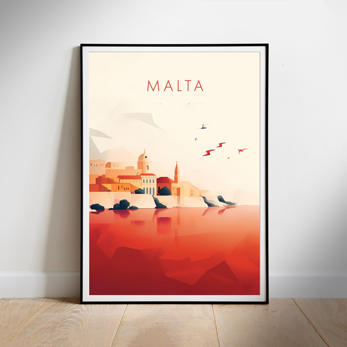 Malta Geometric Waterfront Red Minimalist Mediterranean Art Poster - Image 2