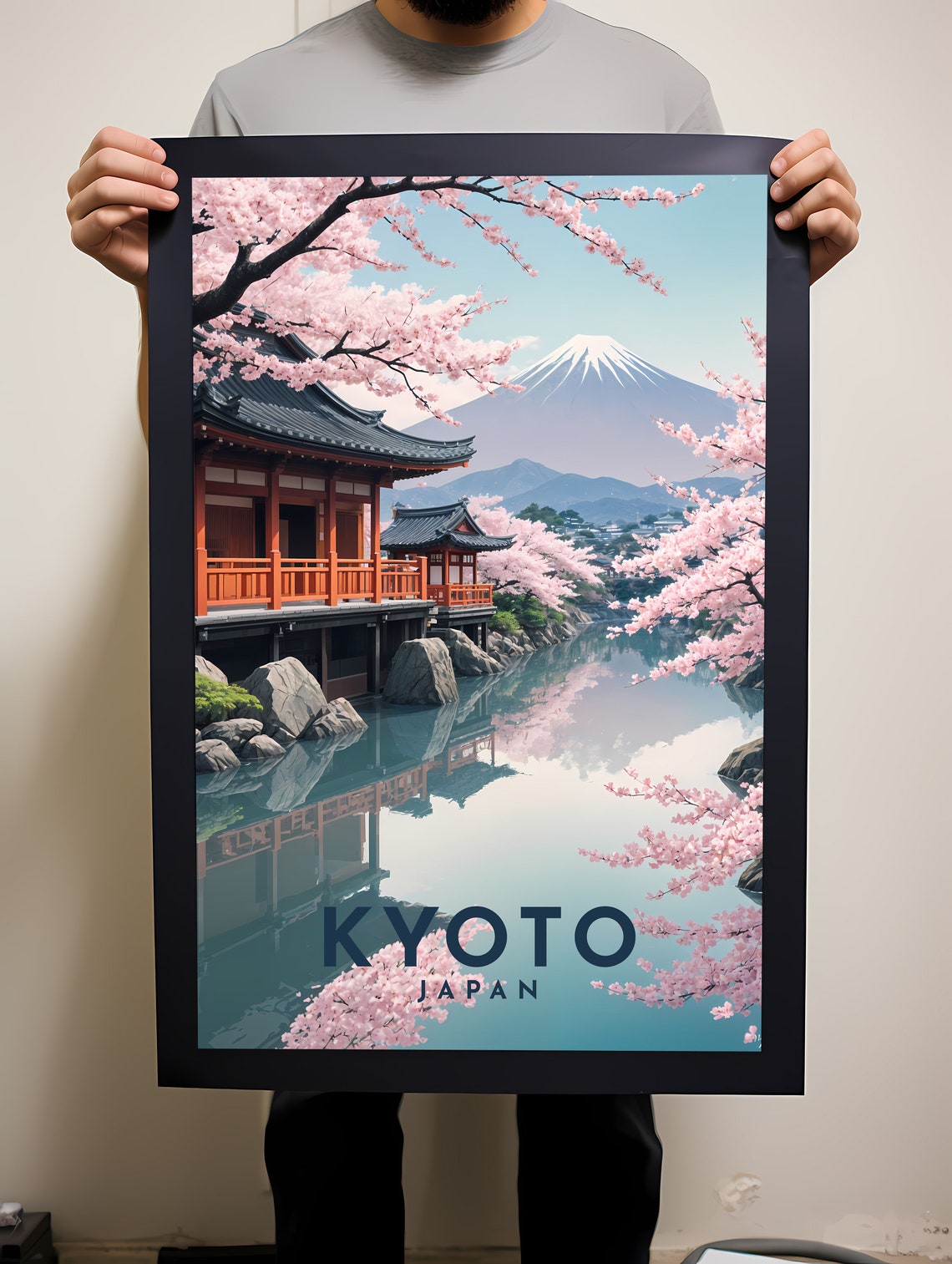 Kyoto Japan Cherry Blossom Temple Illustration Travel Poster