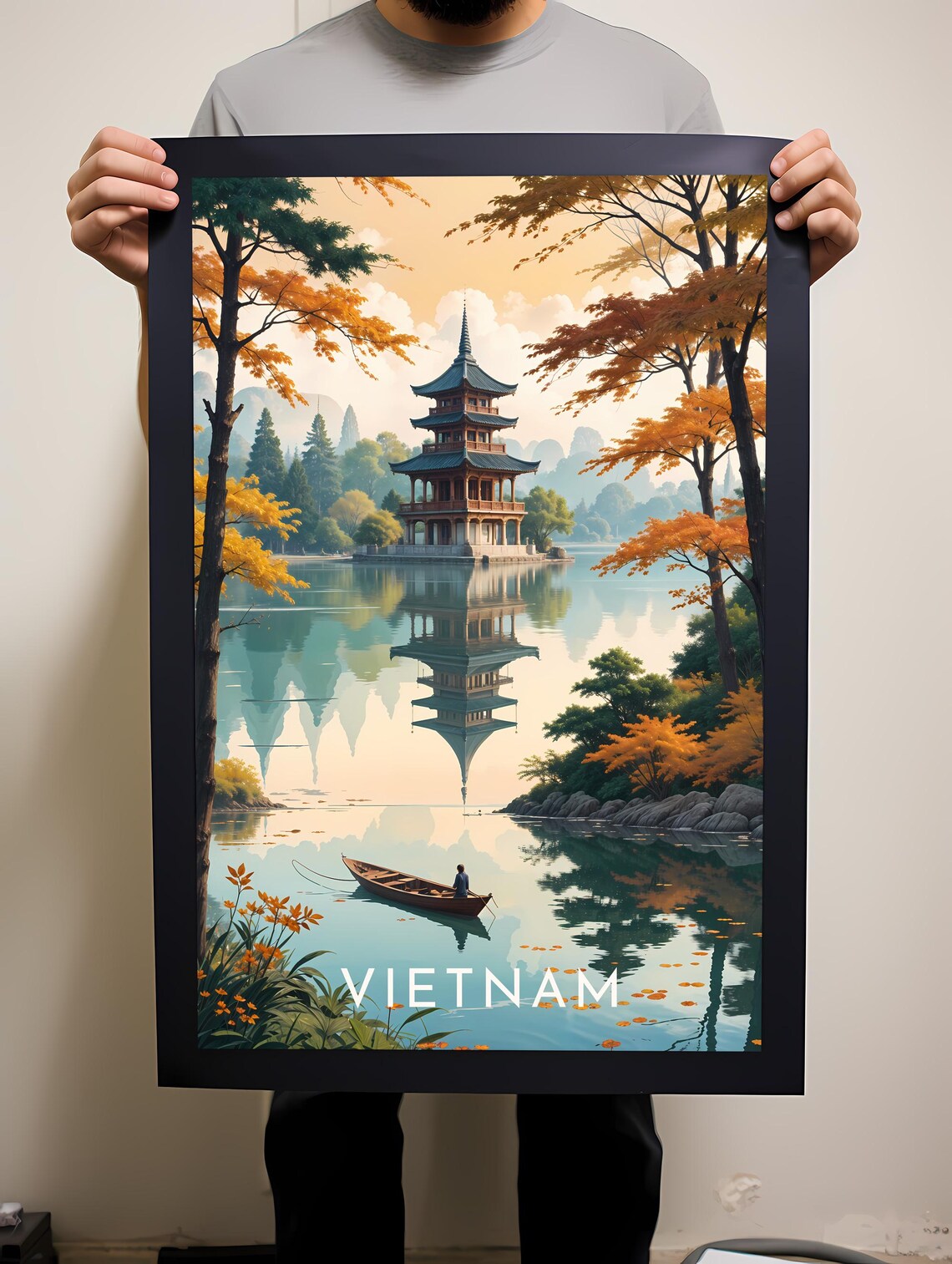 Vietnam Illustrated Pagoda Lake Autumn Vintage Travel Poster