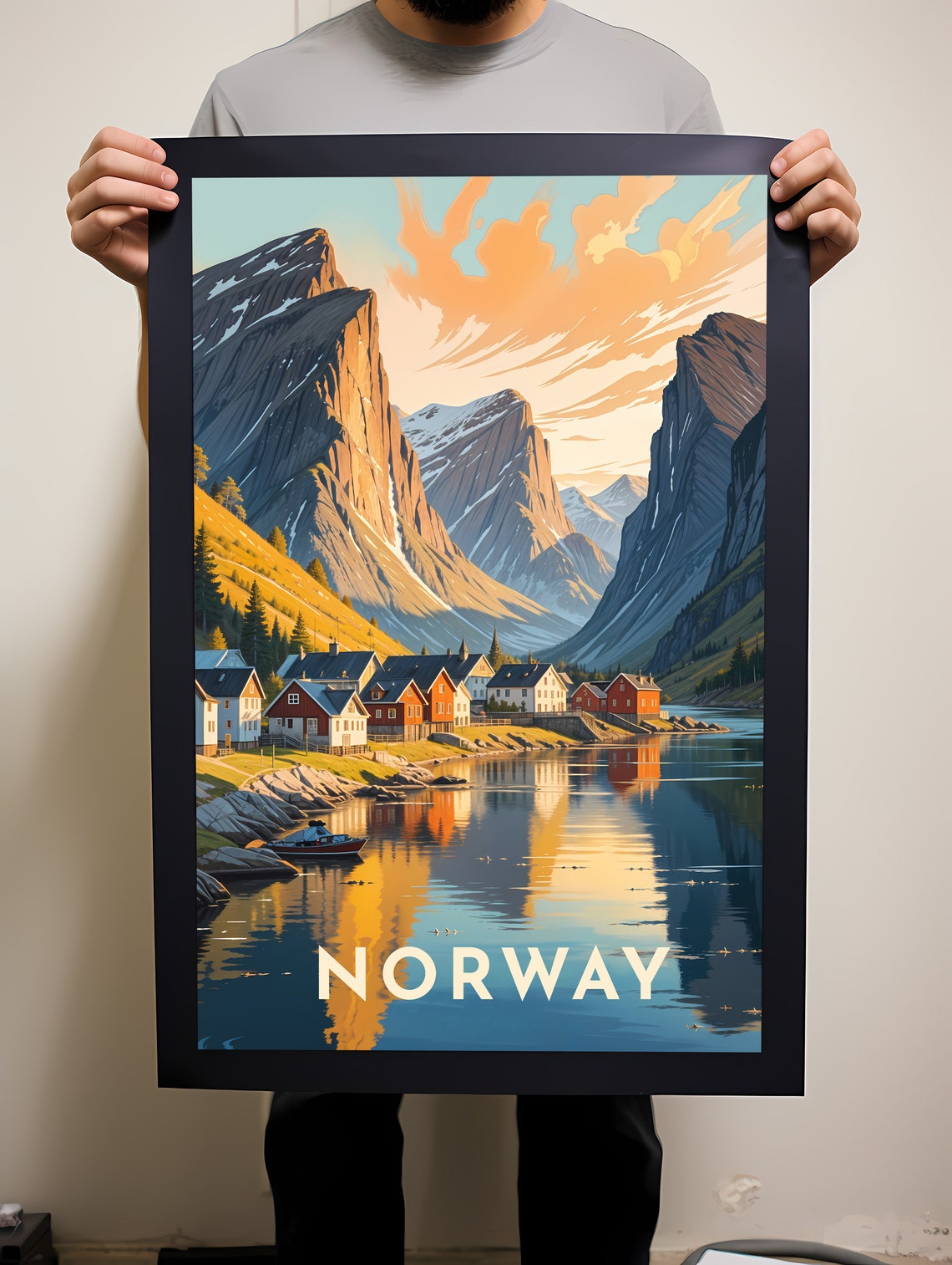 Norway Fjord Village Golden Sunset Reflections Travel Poster