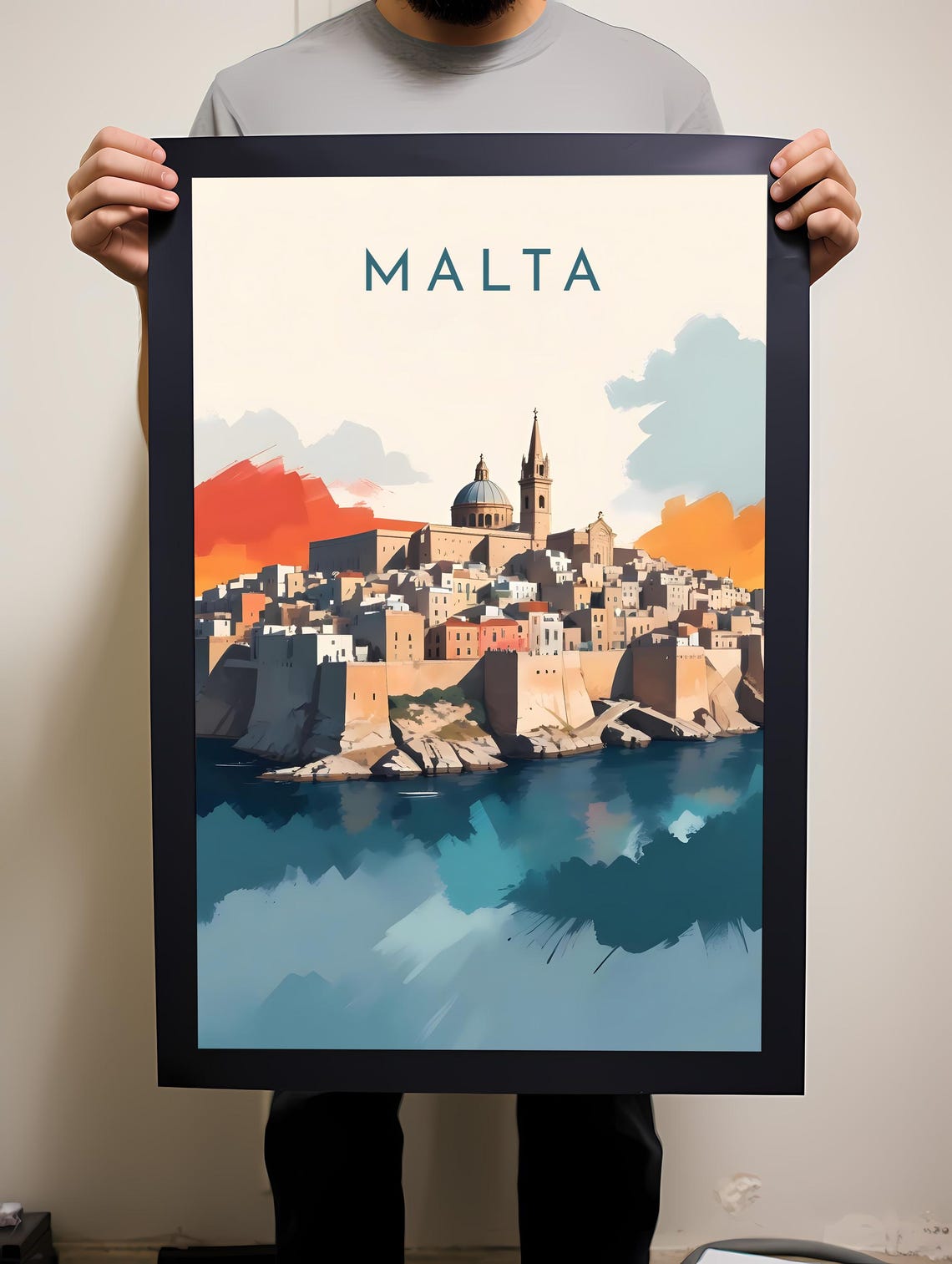Malta Old Town Harbor Cathedral Illustrated Retro Travel Poster