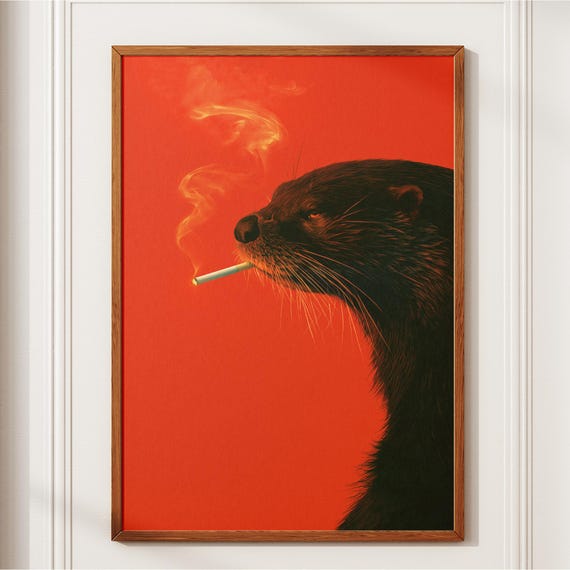 Otter Smoking A Cigarette Vintage Poster Art Retro Whimsical Print Funny Animal Wall Decor For Bar Cart Quirky Kitchen