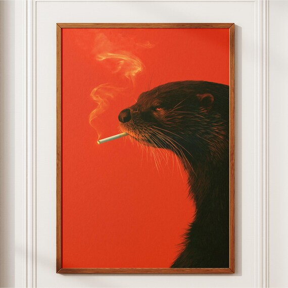 Otter Smoking Cigarette Red Background Bold Wildlife Art Poster