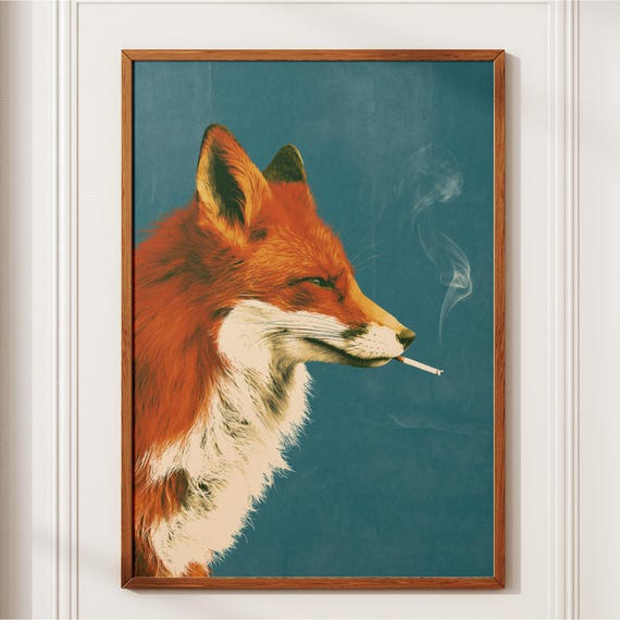 Red Fox Smoking A Cigarette Vintage Poster Art Retro Whimsical Funny Animal Wall Decor Mid Century Office Lounge Lover Gift