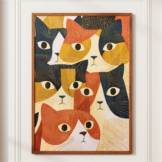 Modern Japanese Cat Art Print Retro Colorful Cats Poster Quirky Mid Century Wall Blue Orange Eclectic Lover Gift Japandi Decor
