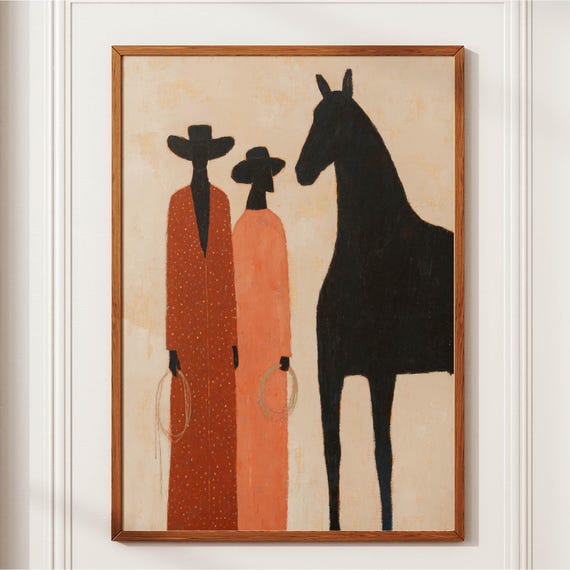 Cowboy And Horse Painting Modern Folk Art Poster Southwestern Wall Decor Neutral Western Print Terracotta Mid Century Boho