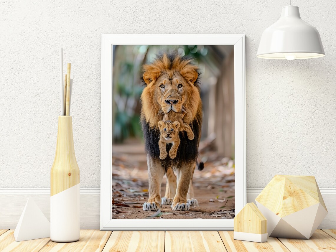 Father Lion Carrying Cub Photo Poster Tender Wildlife Moment Artwork - Image 3