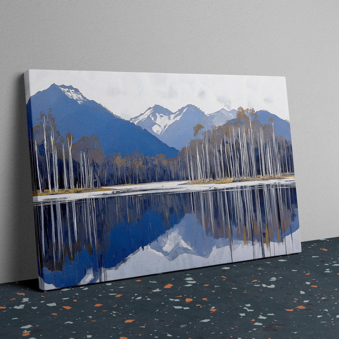 Blue Mountain Lake Reflection Poster Birch Forest Calm Landscape Art - Image 2