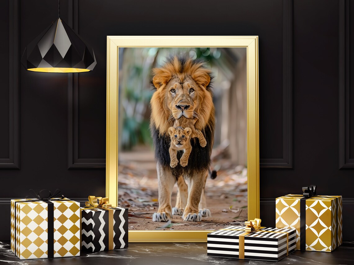 Father Lion Carrying Cub Photo Poster Tender Wildlife Moment Artwork - Image 4