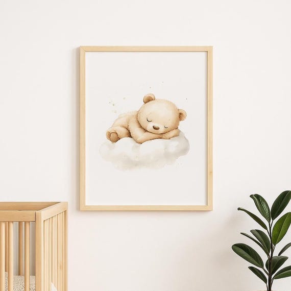 Sleeping Bear Childrens Poster Baby Room Decoration Forest Animal Cute Picture For Newborns Toddlers Birth Cloud