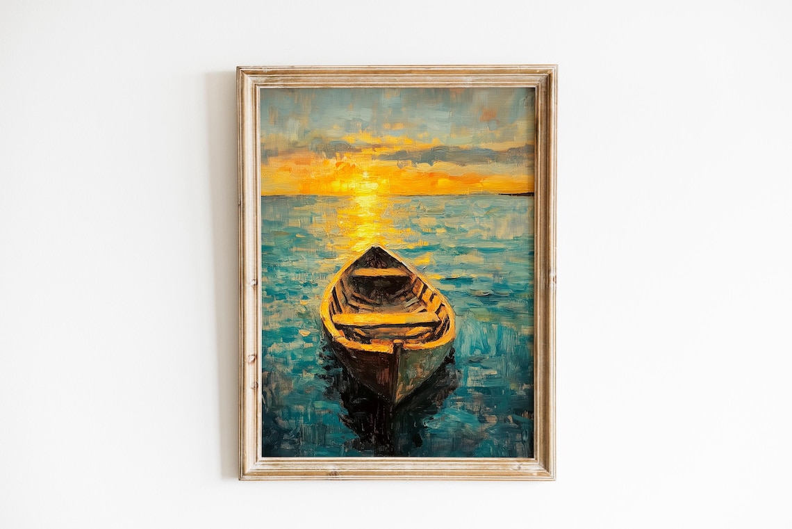 Wooden Rowboat At Golden Sunset Calm Sea Oil Painting Poster