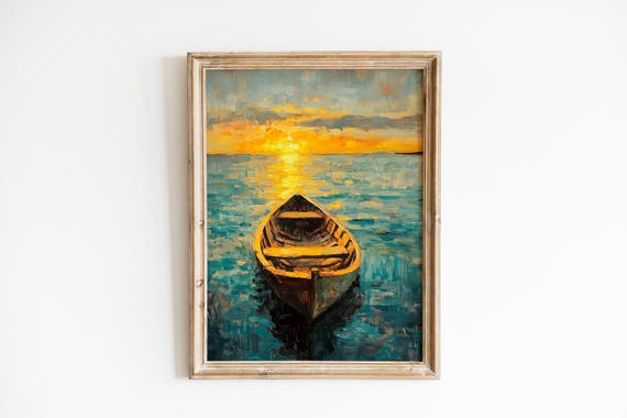 Moody Fishermans Rowboat At Midnight Sun Serene Coastal Art Nautical Scene Painterly Seascape 1068