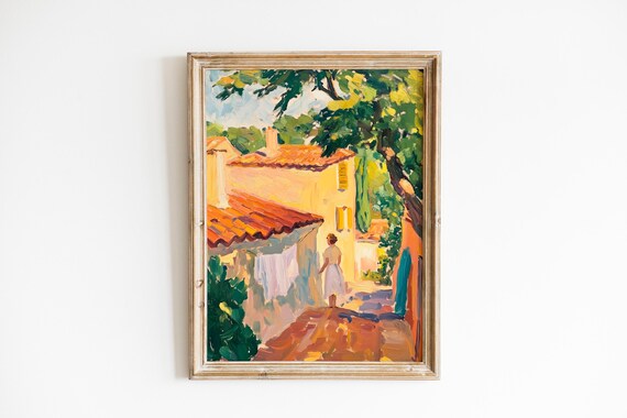 Pastoral Farmhouse Lane Woman With Laundry Terracotta Roofs Poster