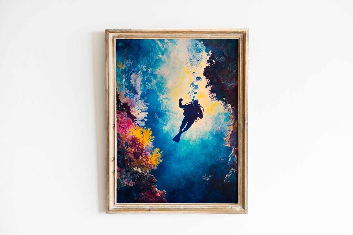 Scuba Diver Silhouette Coral Reef Deep Blue Underwater Wall Art