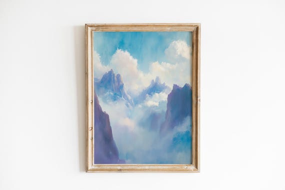 Moody Mountain Landscape Painting Serene Jade Green Peaks And Clouds Painterly Nature Scene Wall Art 949