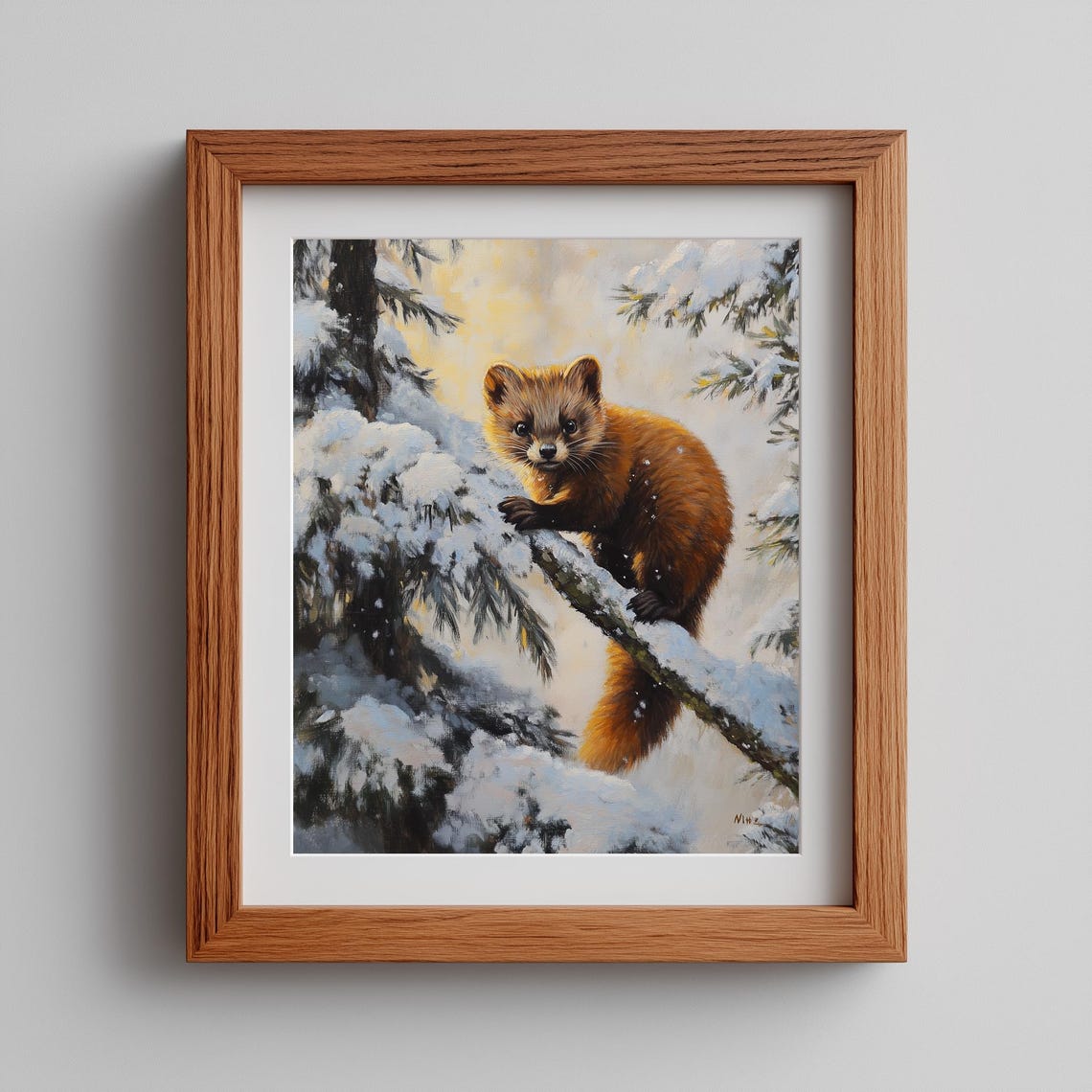 Pine Marten Climbing Snowy Evergreen Winter Wildlife Painting Poster