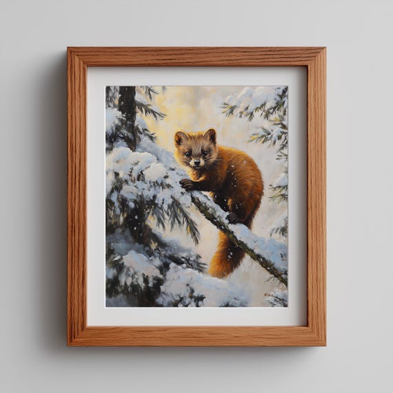 Playful Pine Martin Climbing Snowy Evergreen Branch Cozy Wildlife Art Rustic Winter Decor Nature Painting 20