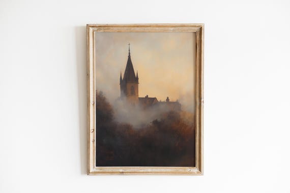 Moody Church Steeple In Morning Fog Serene Vintage Landscape Neutral Misty Scene Painterly Art Print Dawn Glow 994
