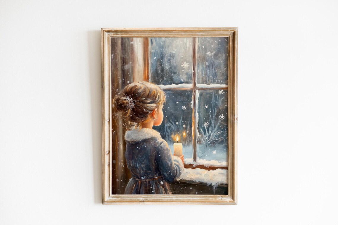 Child Watching Snowflakes Vintage Winter Window Candlelight Art Poster
