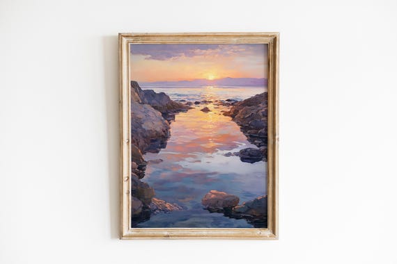 Moody Coastal Seascape At Dawn Serene Tide Pools With Pastel Sunrise Wall Art Rugged Shoreline Painting Instant 373
