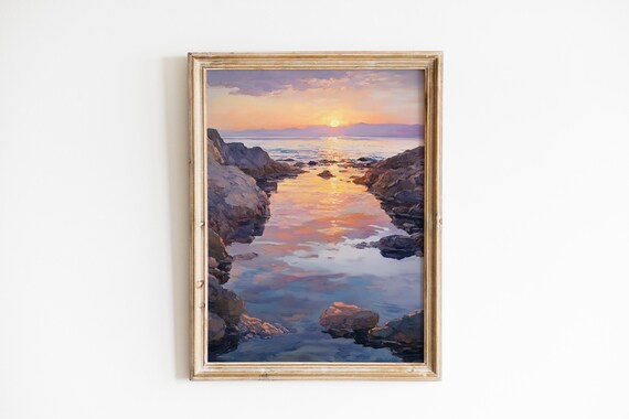 Moody Coastal Sunrise Seascape Tide Pools Pastel Ocean Landscape Poster