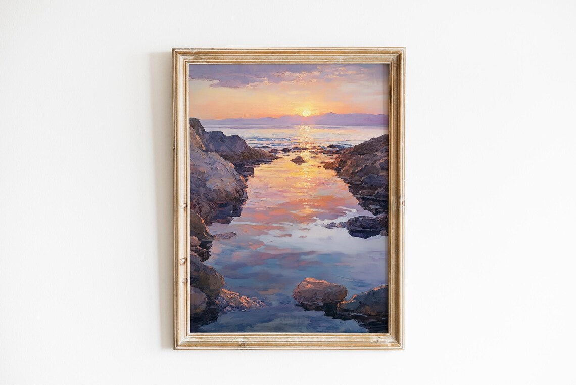 Moody Coastal Sunrise Seascape Tide Pools Pastel Ocean Landscape Poster