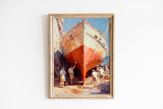 Fishermen Repairing Wooden Boat Hull Shipyard Oil Painting Nautical Print