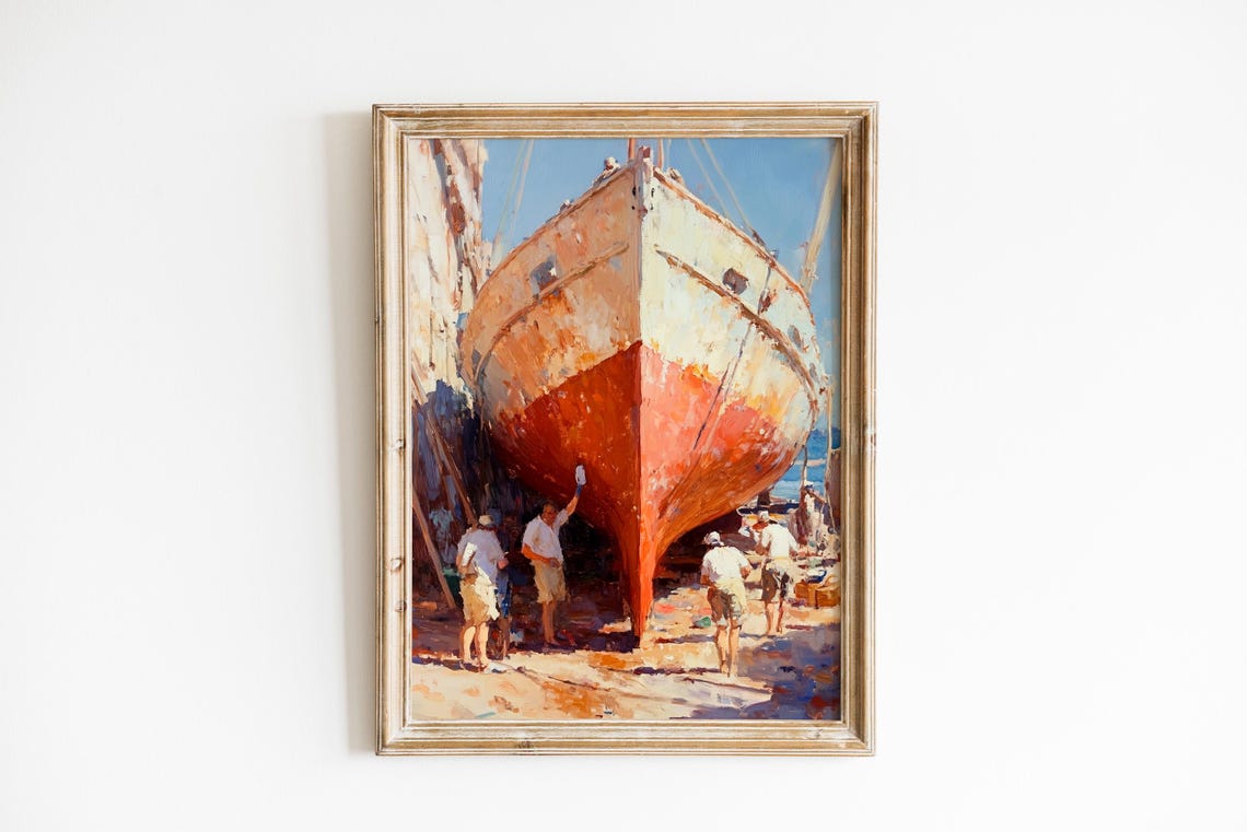 Coastal Vintage Fishing Boat Painting Rustic Maritime Scene Wall Art Seaside Decor Nautical 244