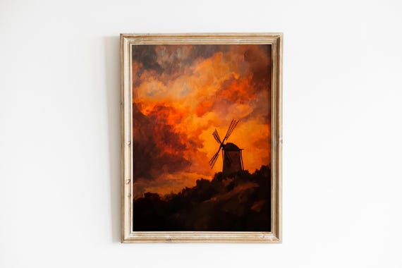 Rustic Moody Windmill Landscape Painting Autumn Oldworld Art Dramatic Sunset Sky Dark Farmhouse Wall Decor 453