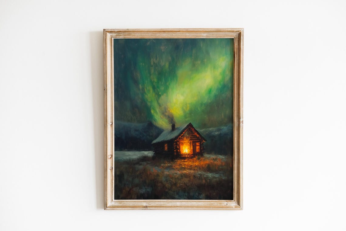 Moody Northern Lights Landscape Art Rustic Cozy Cabin Wall Aurora Borealis Painting Wilderness Night Sky With Index 374