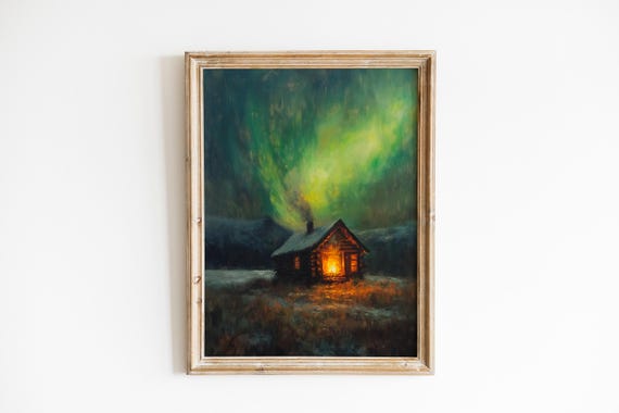 Moody Northern Lights Landscape Art Rustic Cozy Cabin Wall Aurora Borealis Painting Wilderness Night Sky With Index 374
