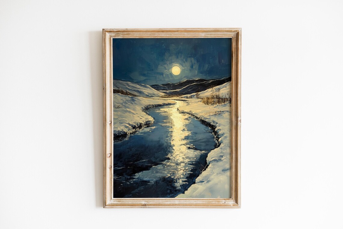 Moonlit Snowy River Winter Night Oil Painting Luminous Art Poster
