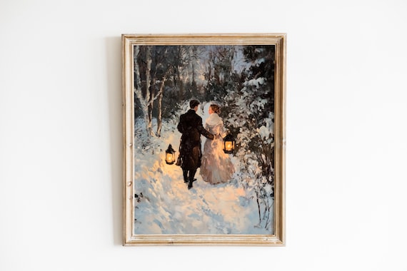 Cozy Winter Couple In Snowy Garden Romantic Lantern Walk Moody Painting Vintage Style Wall Art 1013
