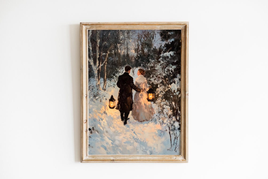Winter Couple Lantern Walk Snowy Forest Romantic Oil Painting Poster