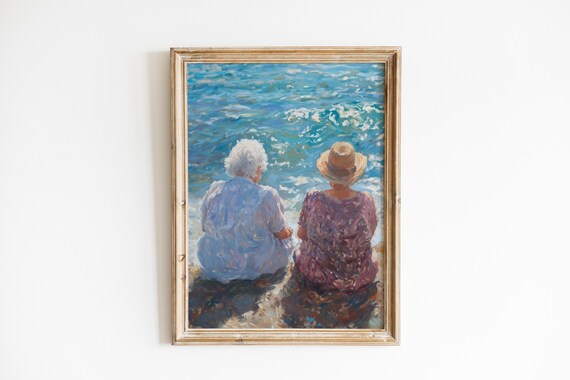 Two Elderly Women Sitting At Water Edge Friendship Painting Poster