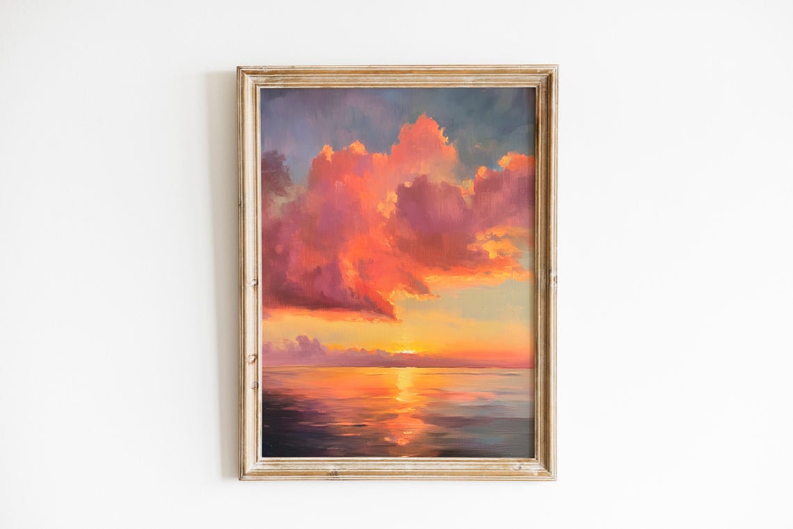 Dramatic Coastal Sunset Crimson Clouds Golden Ocean Art Poster