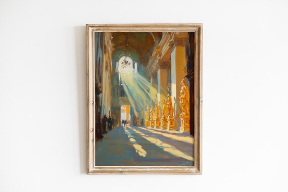 Sunlit Prayer Hall Interior Luminous Spiritual Art Serene Worship Scene Painterly Impressionistic Decor Golden Light Mood 855