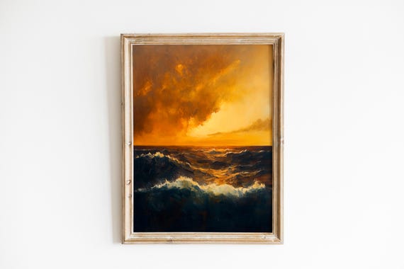 Moody Stormy Seascape Art Dramatic Coastal Wall Decor Vintage Nautical Landscape Golden Sunlight 214