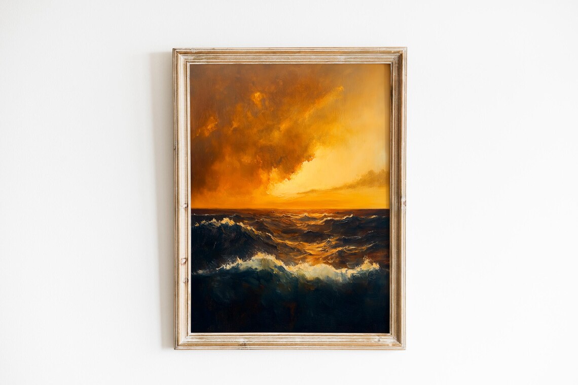 Golden Stormy Seascape Oil Painting Dramatic Ocean Night Wall Art