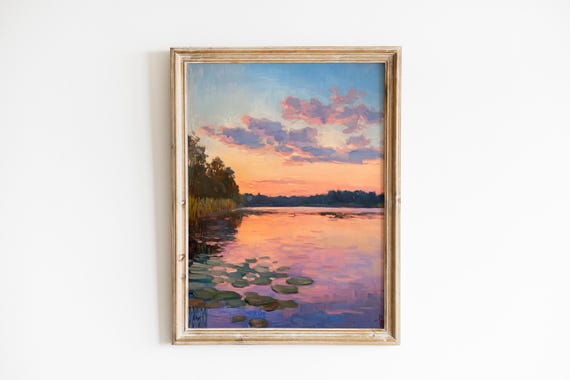 Tranquil Sunset Lake Painting Moody Lakescape Art Romantic Rose Pink Sky Peaceful Landscape Wall 325
