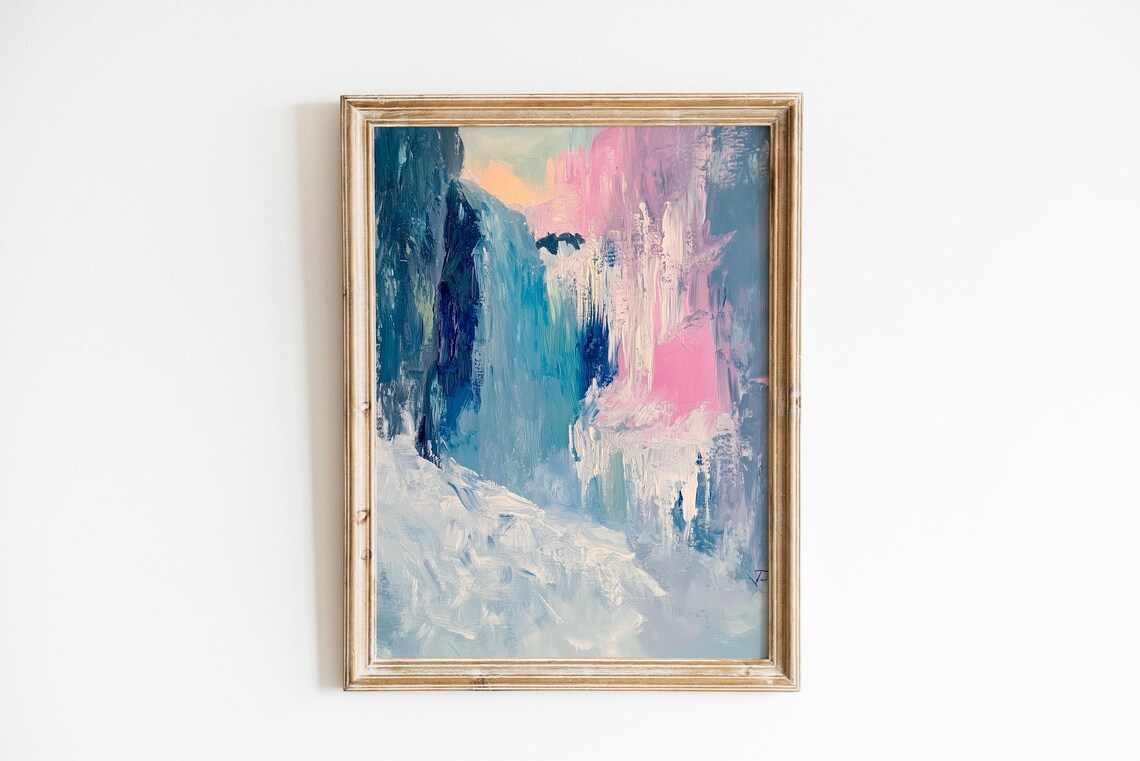 Blue Pink Abstract Frozen Waterfall Impressionist Winter Art Poster
